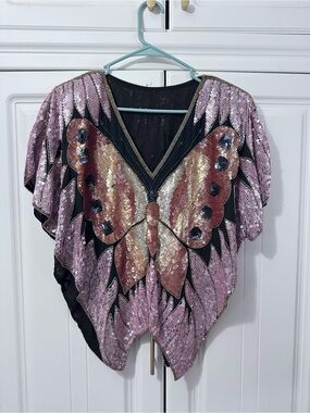 Sequin Butterfly Poncho Top - Pink